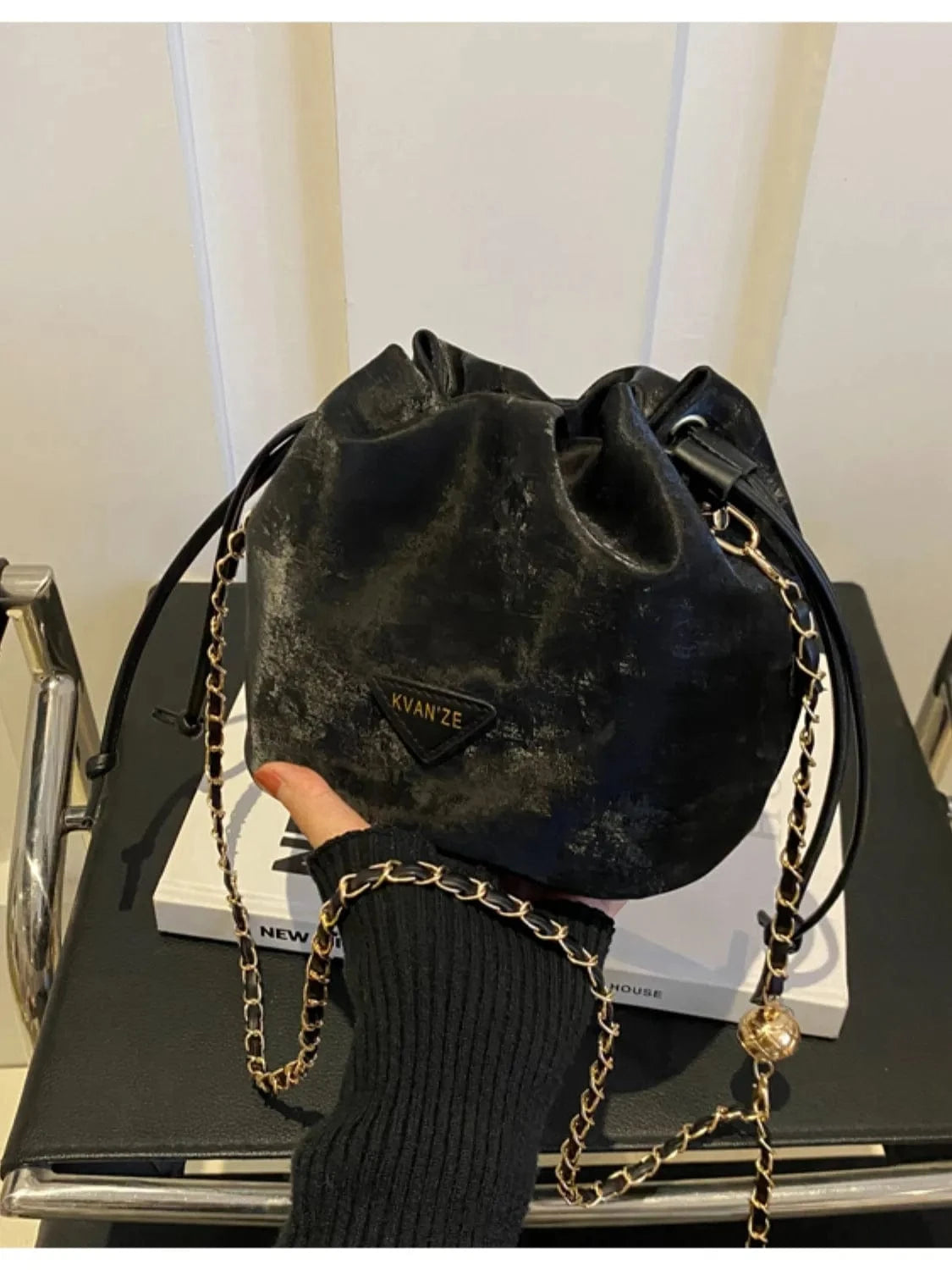 Fashorio Shoulder Bags Black / One Size Drawstring Chain Strap Bucket Bag