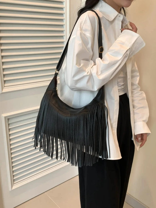 Fringe PU Leather Shoulder Bag Black One Size - Fashorio