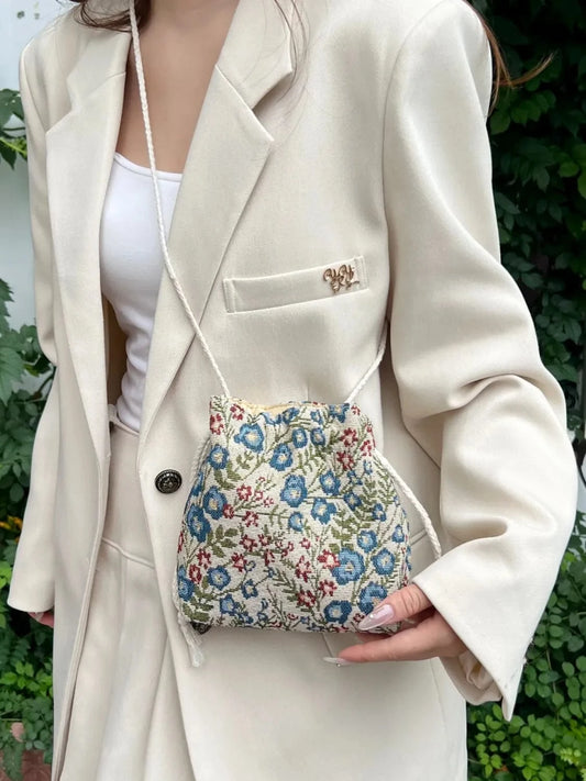 Rope Drawstring Floral Bucket Bag Blue One Size - Fashorio