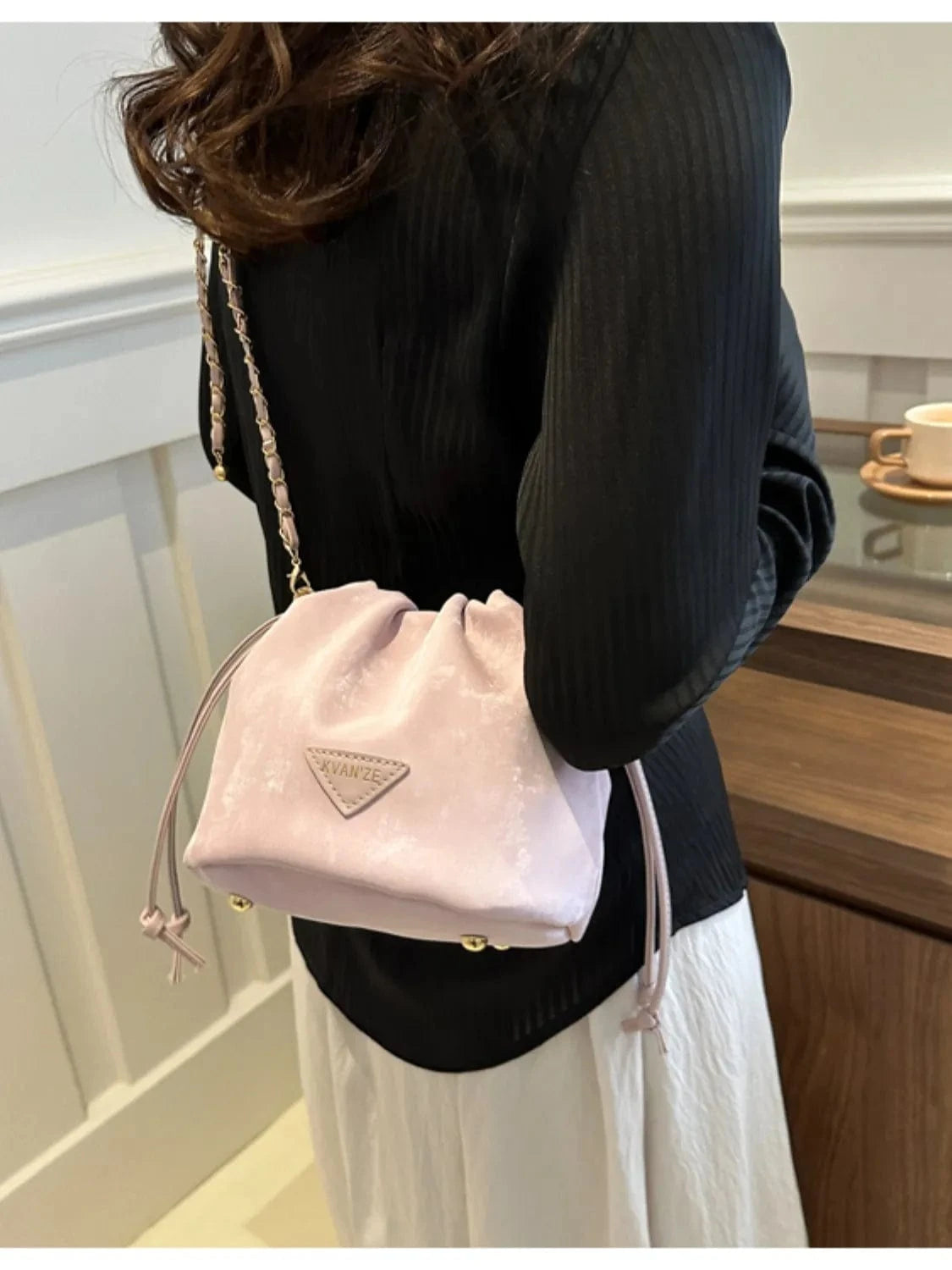 Fashorio Shoulder Bags Blush Pink / One Size Drawstring Chain Strap Bucket Bag