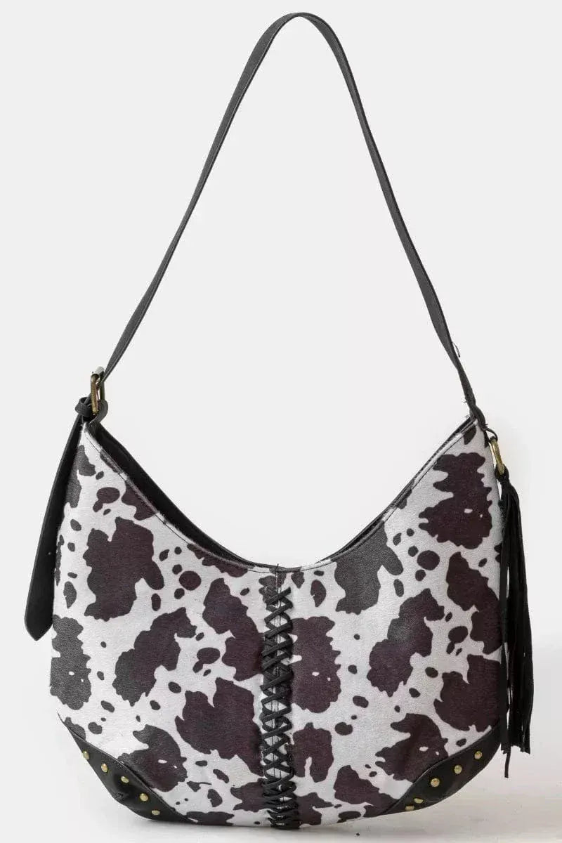 Fashorio Shoulder Bags BW / one size Fame Cow Print Hobo Shoulder Bag with Studded Details