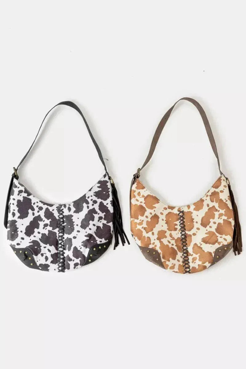Fashorio Shoulder Bags BW / one size Fame Cow Print Hobo Shoulder Bag with Studded Details