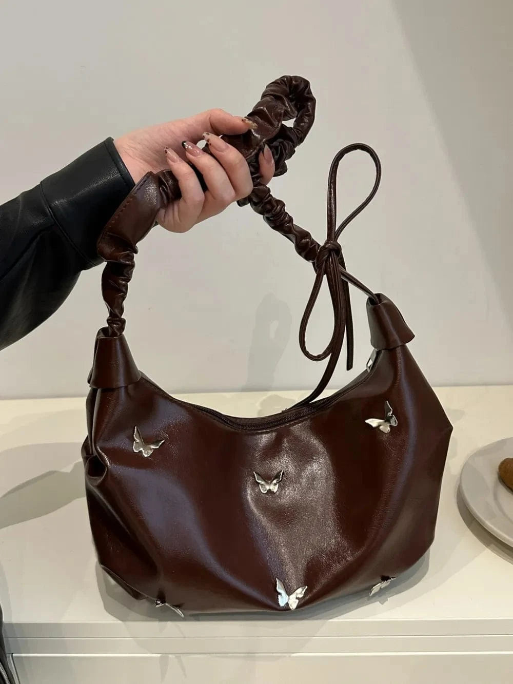 Fashorio Shoulder Bags Chocolate / One Size Butterfly Ruched Strap Shoulder Bag