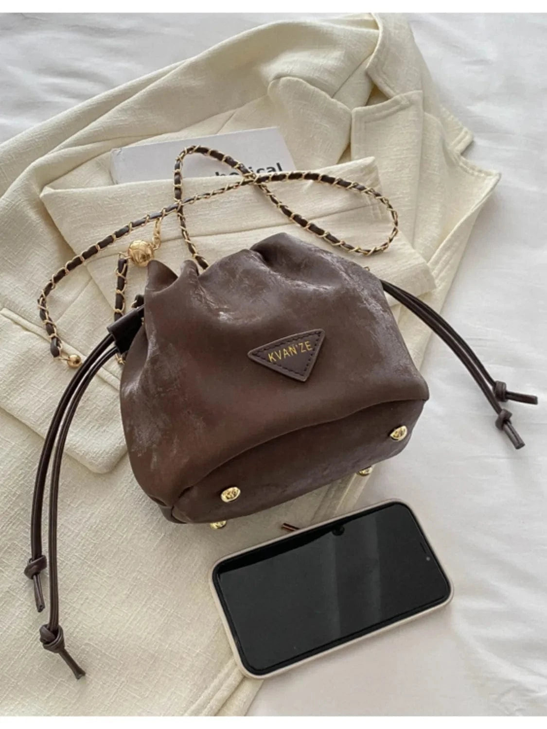 Fashorio Shoulder Bags Chocolate / One Size Drawstring Chain Strap Bucket Bag