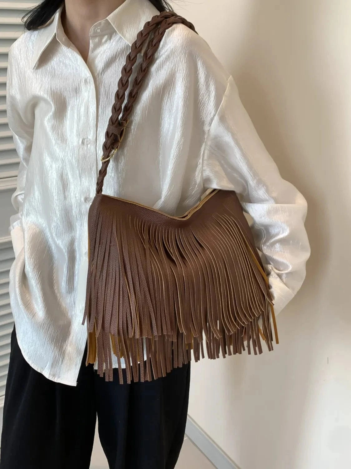 Fashorio Shoulder Bags Chocolate / One Size Fringe Solid Color Shoulder Bag