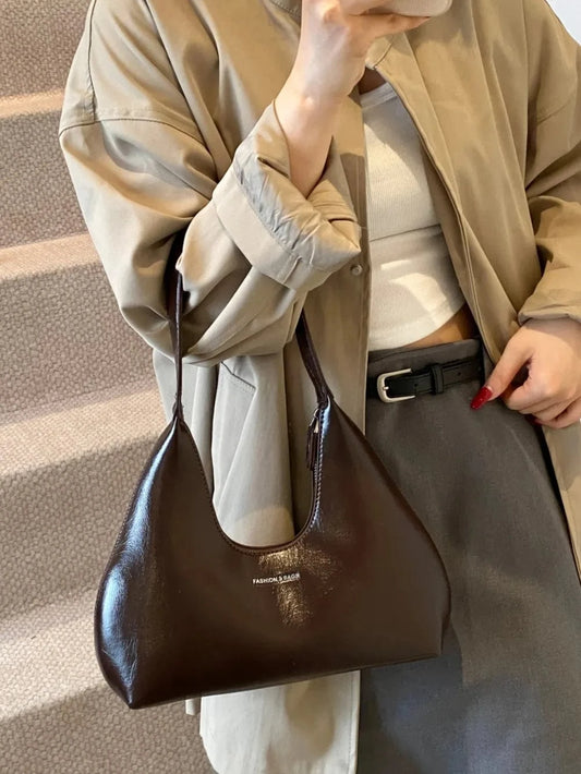 PU Leather Shoulder Bag Chocolate One Size - Fashorio