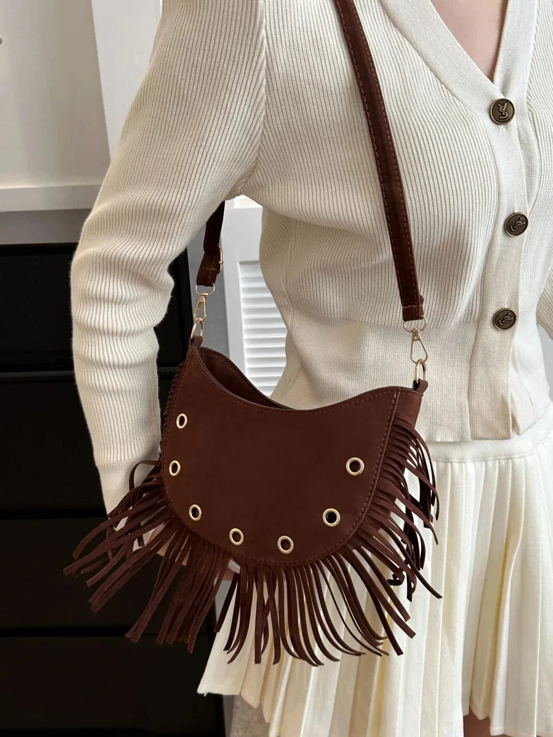 Fashorio Shoulder Bags Dark Brown / One Size Fringe Solid Color Shoulder Bag