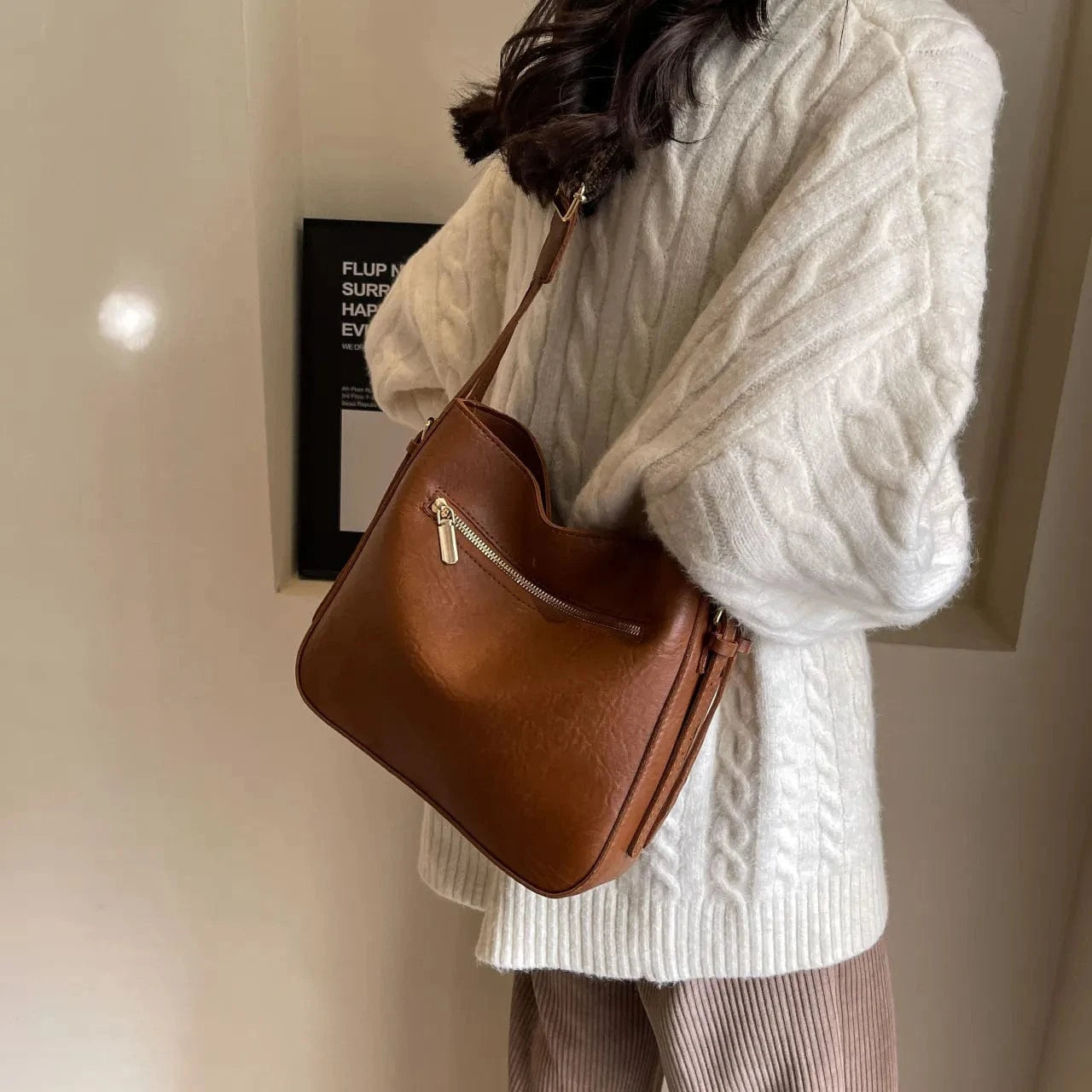 Fashorio Shoulder Bags Dark Brown / onesize PU Leather Adjustable Strap Shoulder Bag