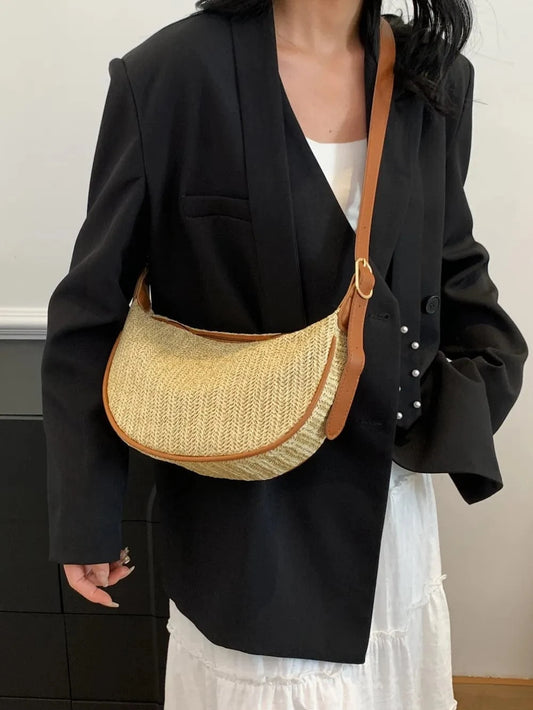 Straw Weave Adjustable Strap Shoulder Bag Khaki One Size - Fashorio