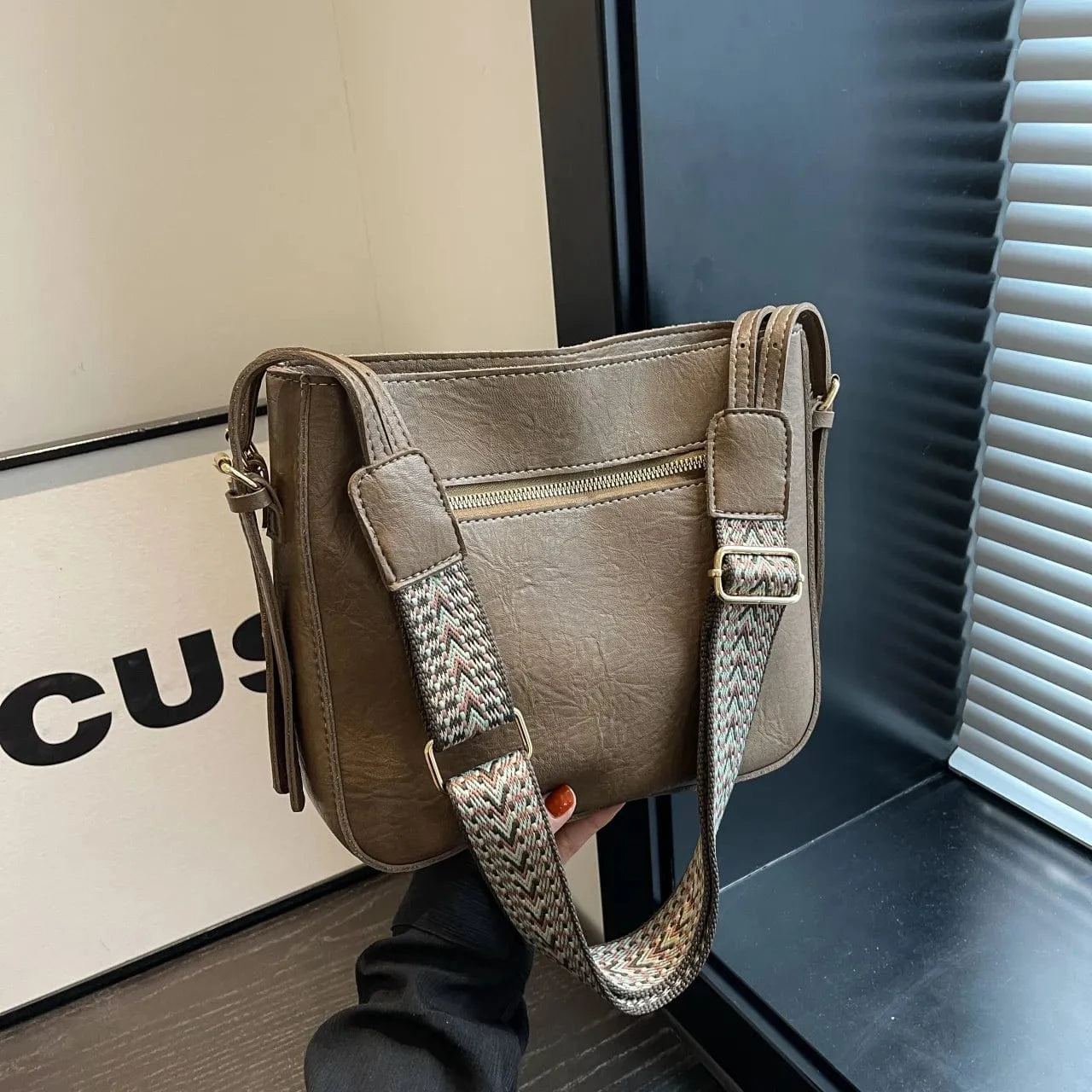 Fashorio Shoulder Bags Khaki / onesize PU Leather Adjustable Strap Shoulder Bag