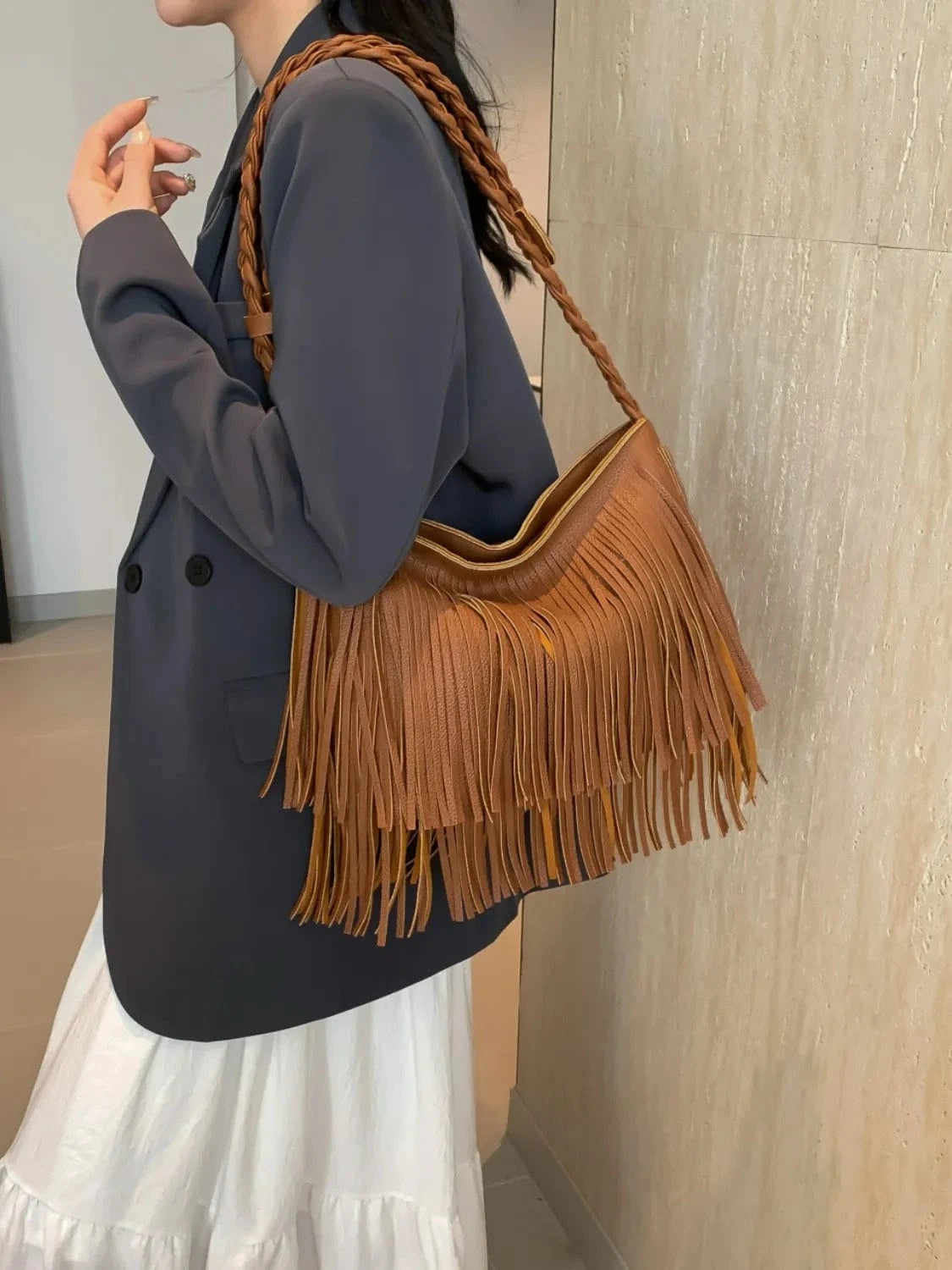 Fashorio Shoulder Bags Ochre / One Size Fringe Solid Color Shoulder Bag
