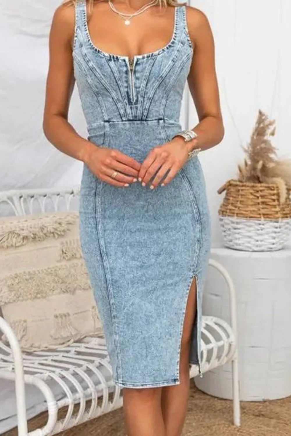 Fashorio Side Slit Washed Scoop Neck Denim Dress