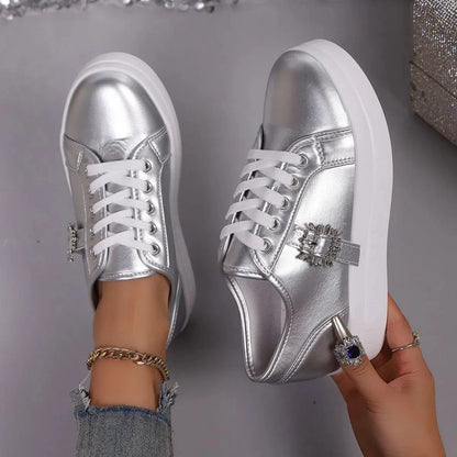 Rhinestone Embellishment Platform Sneakers Silver - Fashorio
