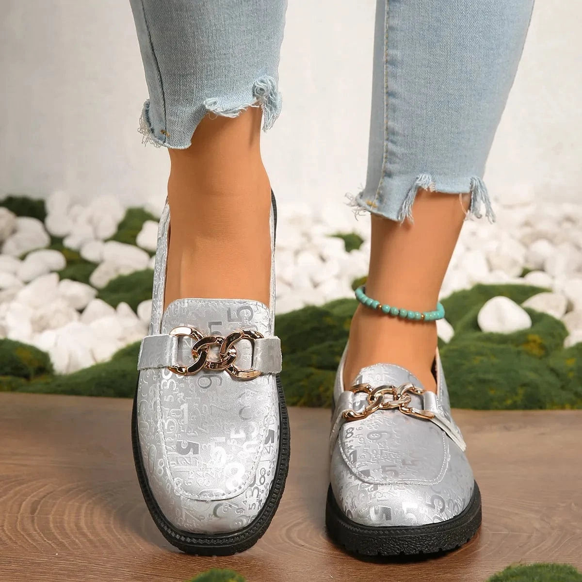 Round Toe Block Heels Loafers Silver - Fashorio