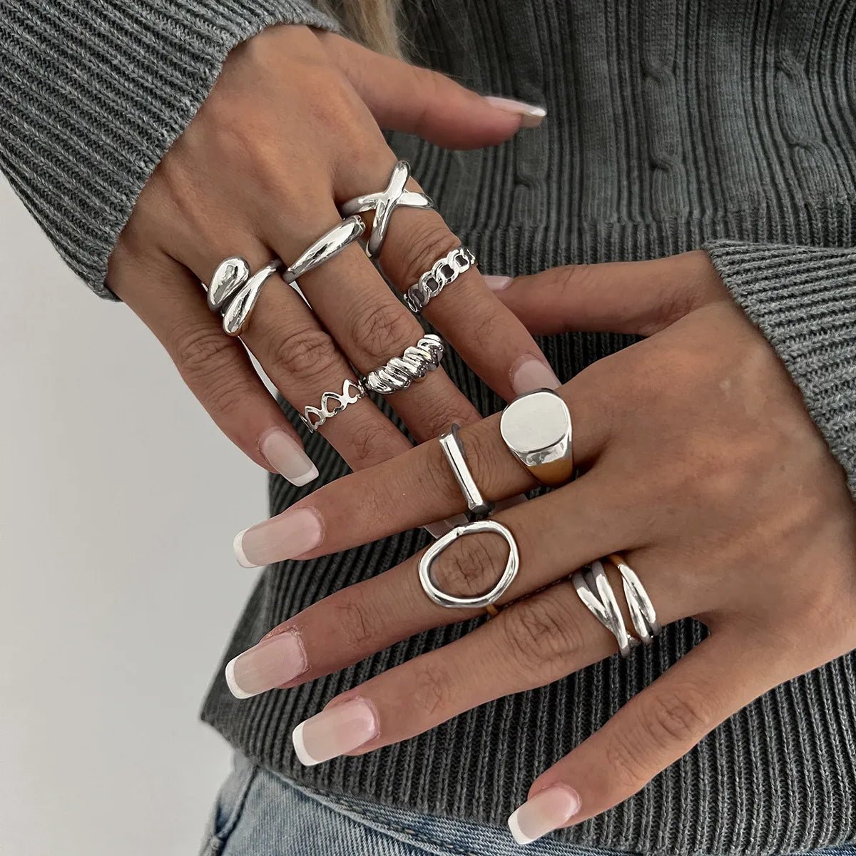 Fashorio Silver / One Size 10-Piece Alloy Geometric Ring