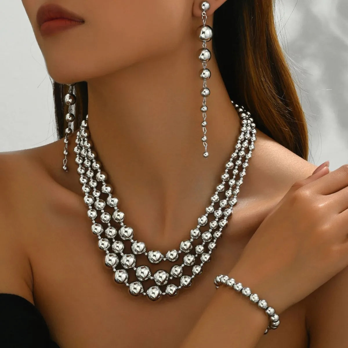 Fashorio Silver / One Size 18K Stainless Steel Beaded Multi-Layered Necklace Bracelet Earrings Jewelry Set