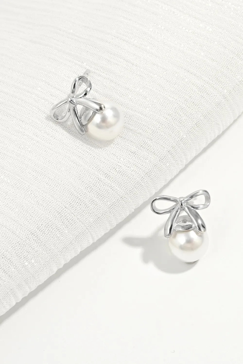 Fashorio Silver / One Size 925 Sterling Silver Pearl Bow Earrings