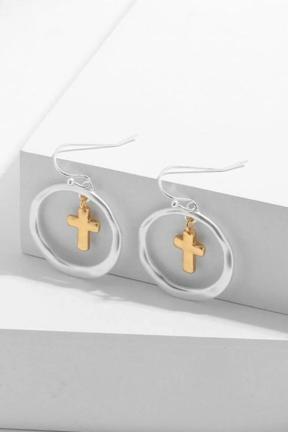 Fashorio Silver / One Size Brass Contrast Cross Dangle Earrings