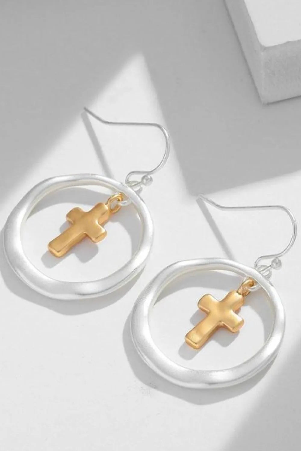 Fashorio Silver / One Size Brass Contrast Cross Dangle Earrings