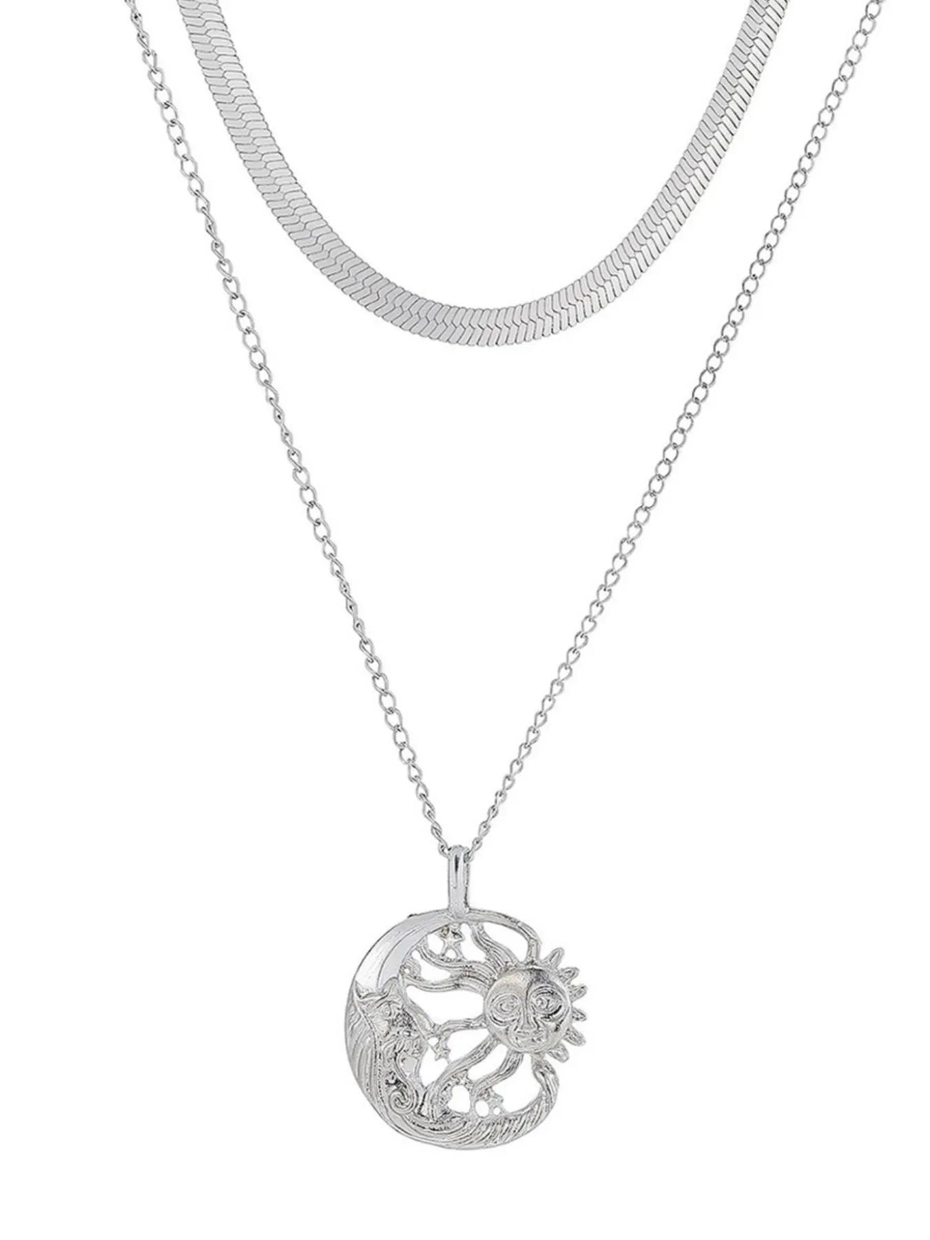 Fashorio Silver / One Size Double Layer Sun Moon Necklace