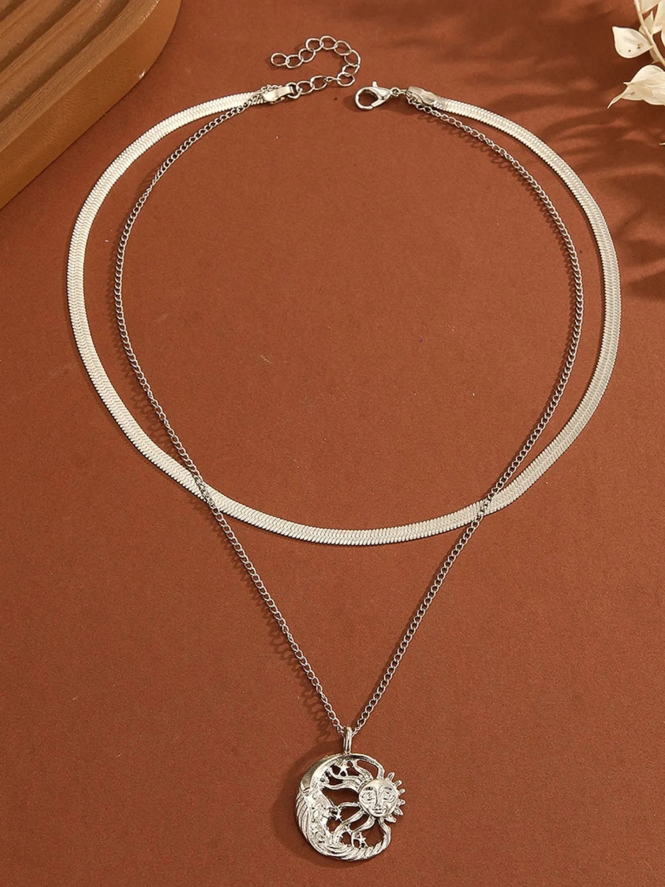 Fashorio Silver / One Size Double Layer Sun Moon Necklace