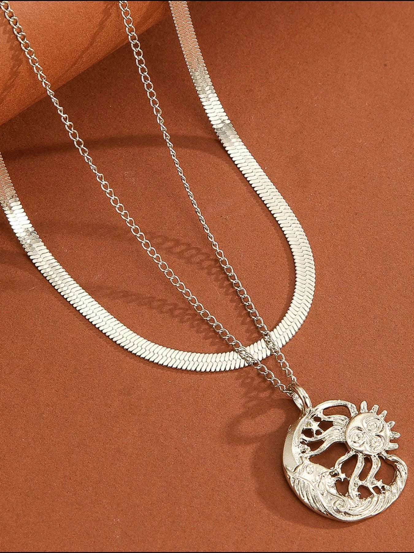 Fashorio Silver / One Size Double Layer Sun Moon Necklace