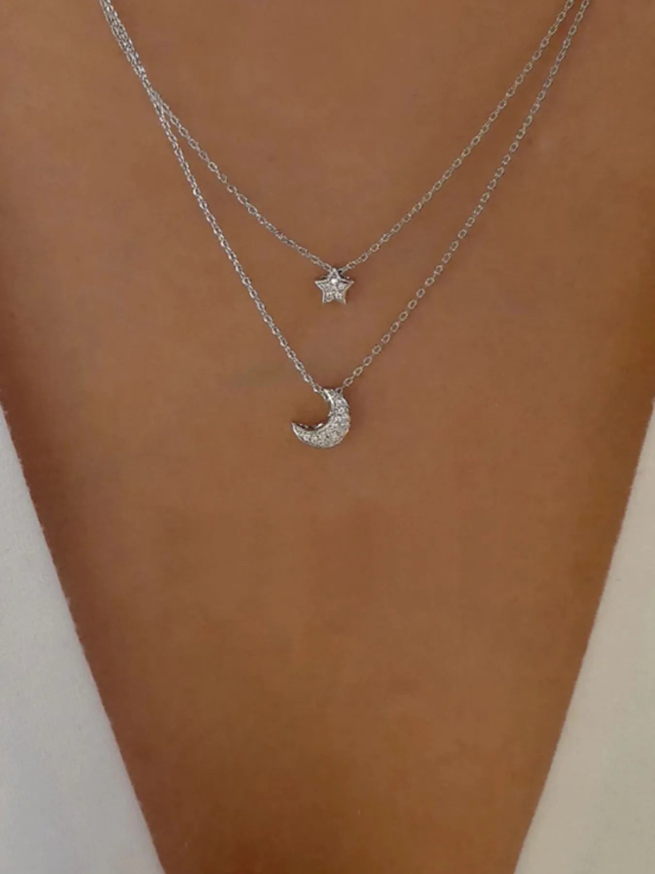 Fashorio Silver / One Size Double Layered Star and Moon Pendant Necklace