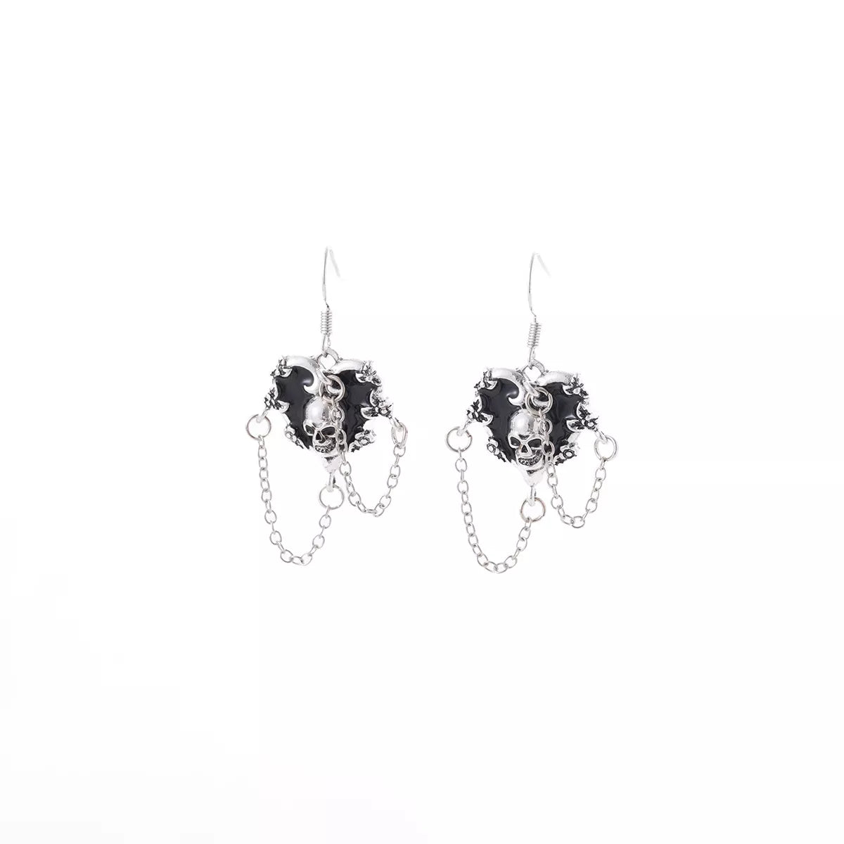 Fashorio Silver / One Size Halloween Alloy Heart Skull Earrings with Chain Detail