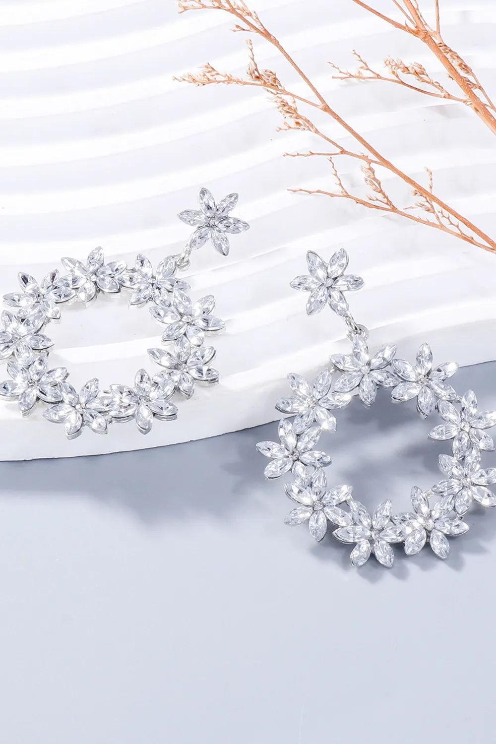 Fashorio Silver / One Size Rhinestone Flower Dangle Earrings