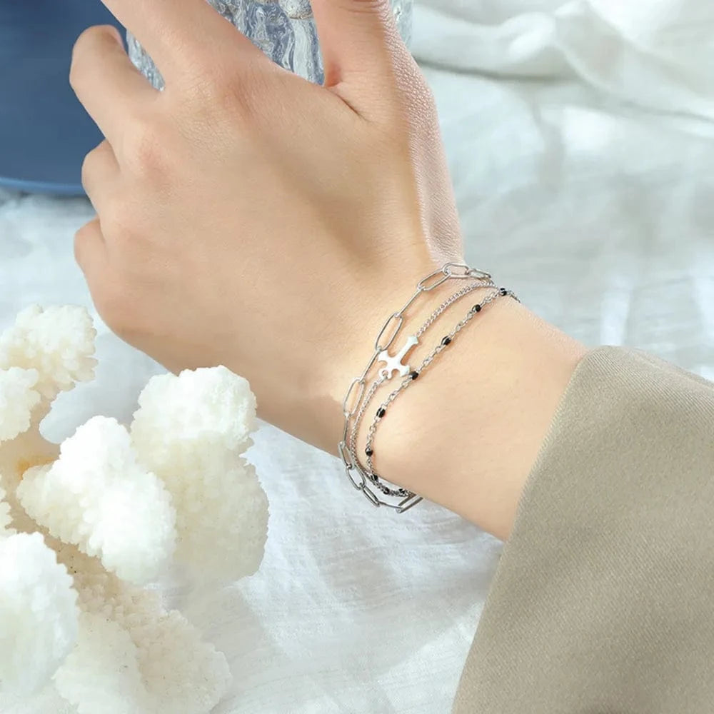 Titanium Steel Three-Layered Bracelet Silver One Size - Fashorio