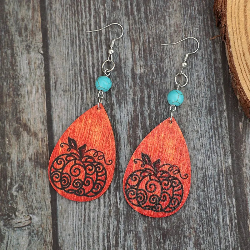 Fashorio Silver / One Size Turquoise Wooden Pumpkin Teardrop Earrings