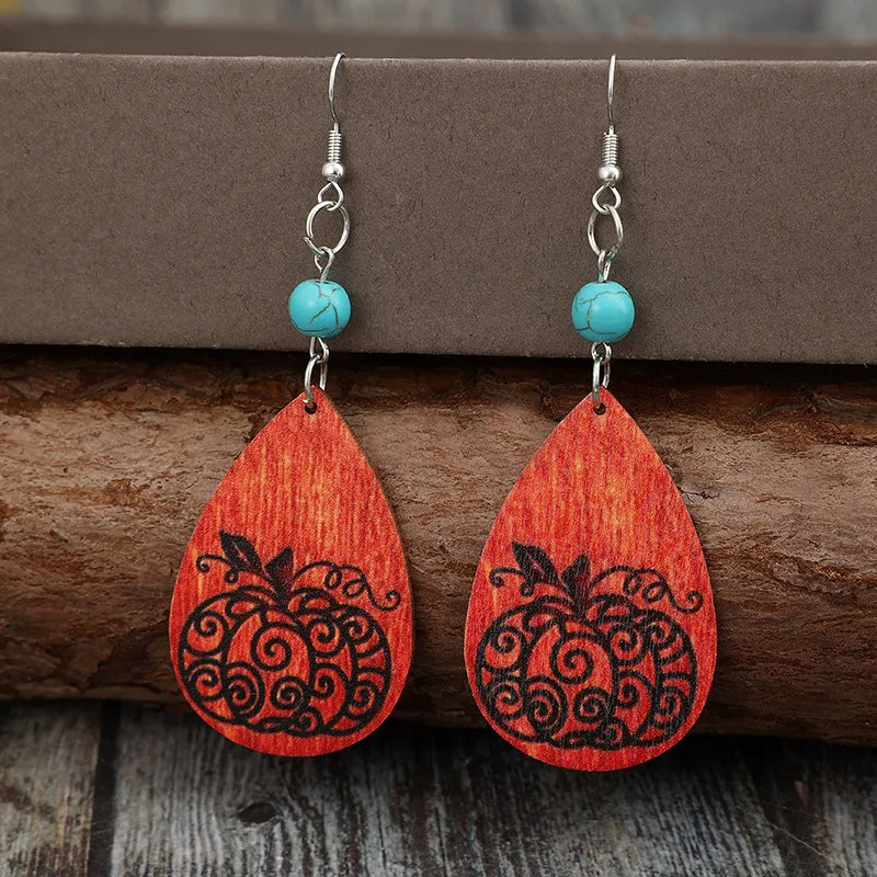 Fashorio Silver / One Size Turquoise Wooden Pumpkin Teardrop Earrings
