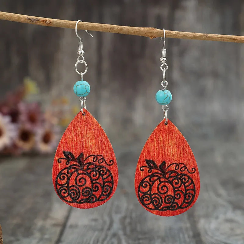 Fashorio Silver / One Size Turquoise Wooden Pumpkin Teardrop Earrings