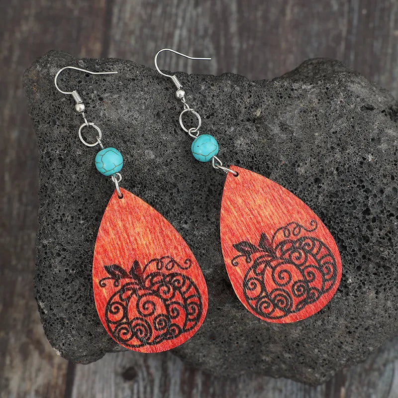 Fashorio Silver / One Size Turquoise Wooden Pumpkin Teardrop Earrings