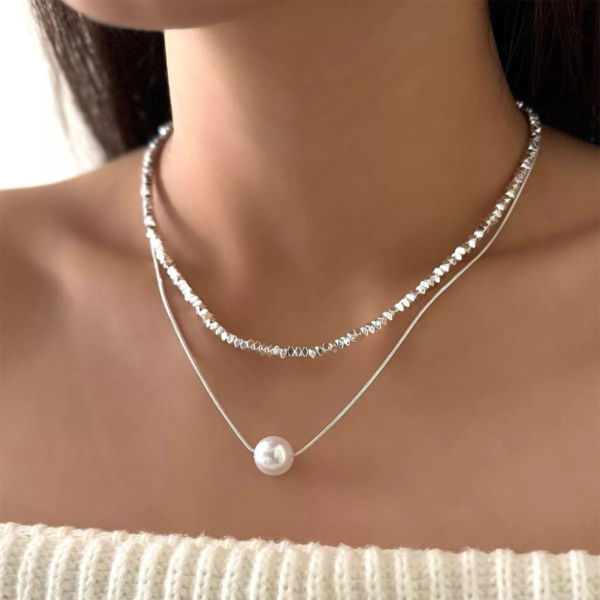 Fashorio Silver / onesize Double Layered Pearl Necklace