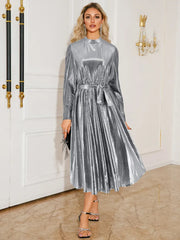 Fashorio Silver / S Tie Waist Long Sleeve Midi Dress