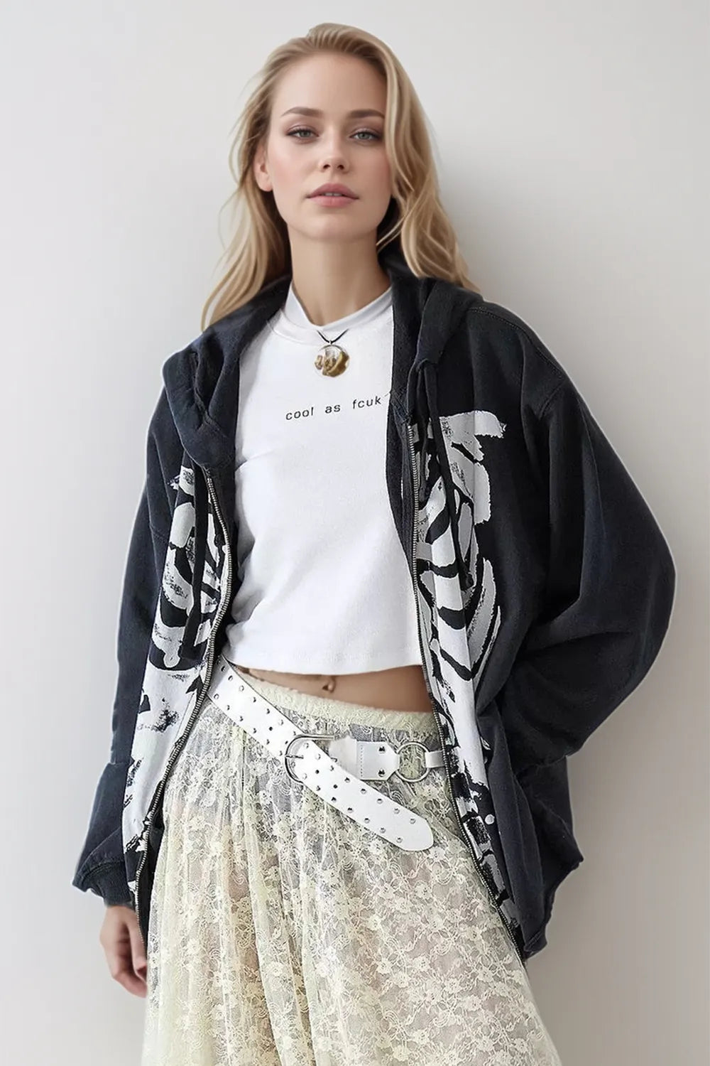 Fashorio Skeleton Zip Up Drawstring Hoodie