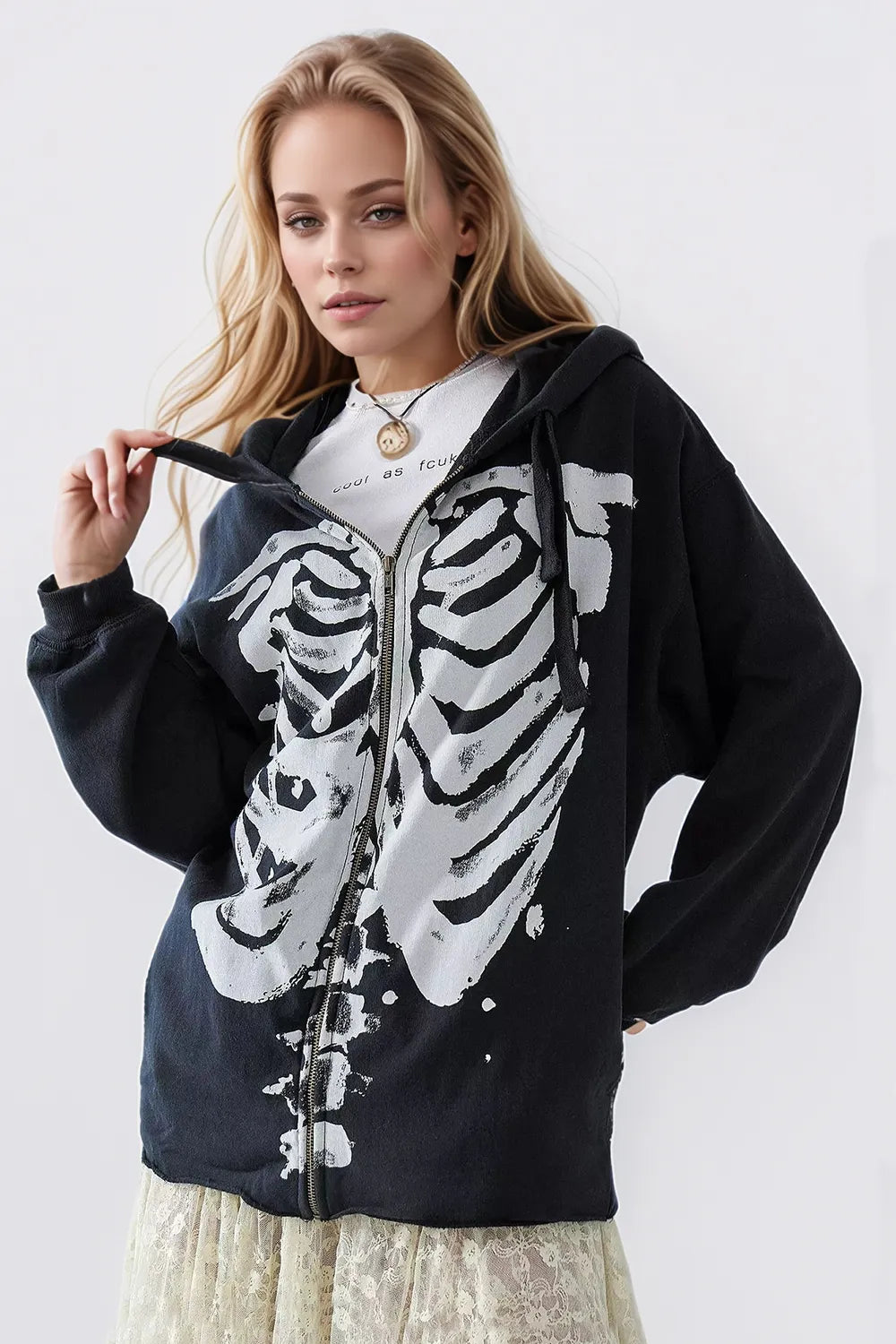 Fashorio Skeleton Zip Up Drawstring Hoodie