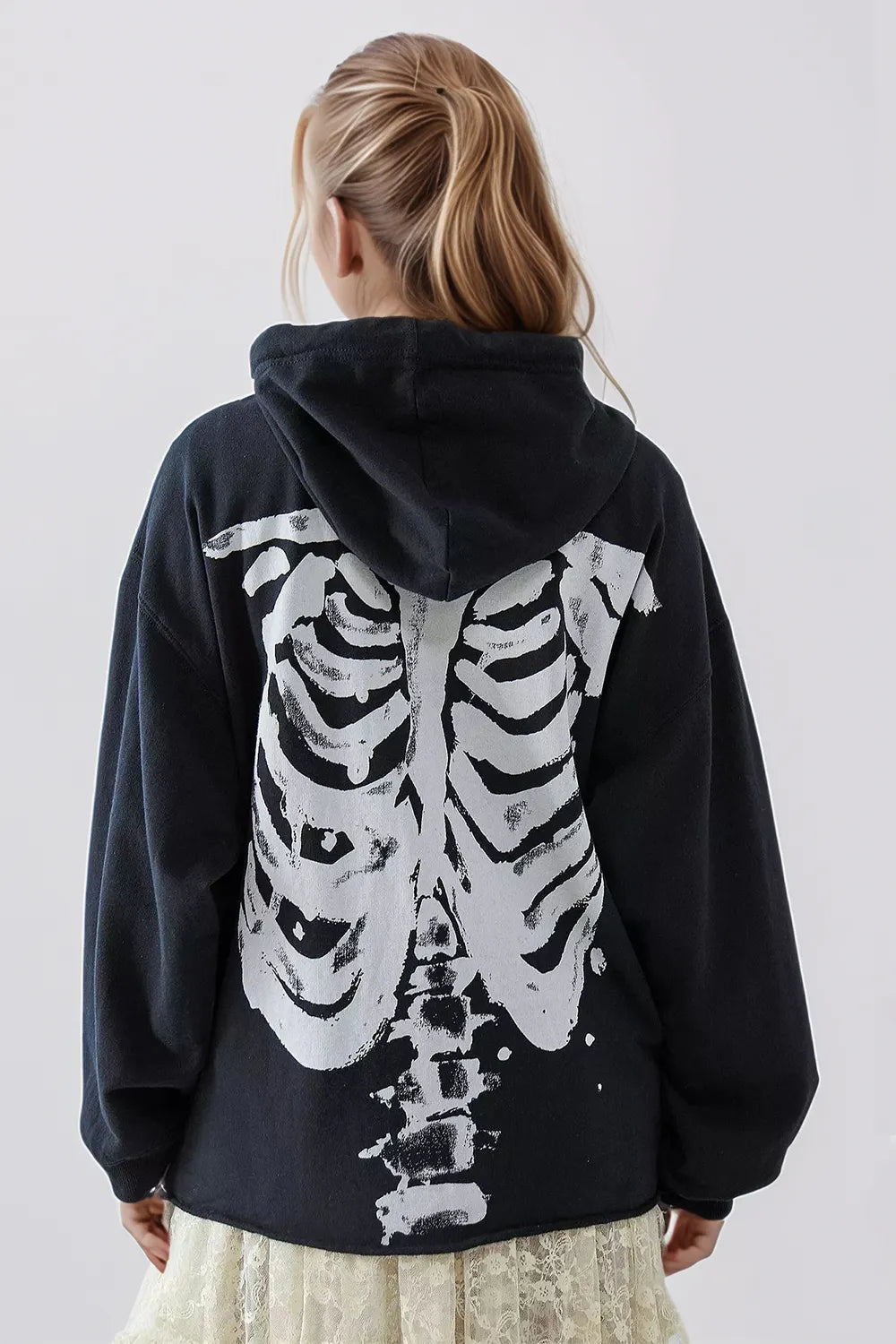 Fashorio Skeleton Zip Up Drawstring Hoodie