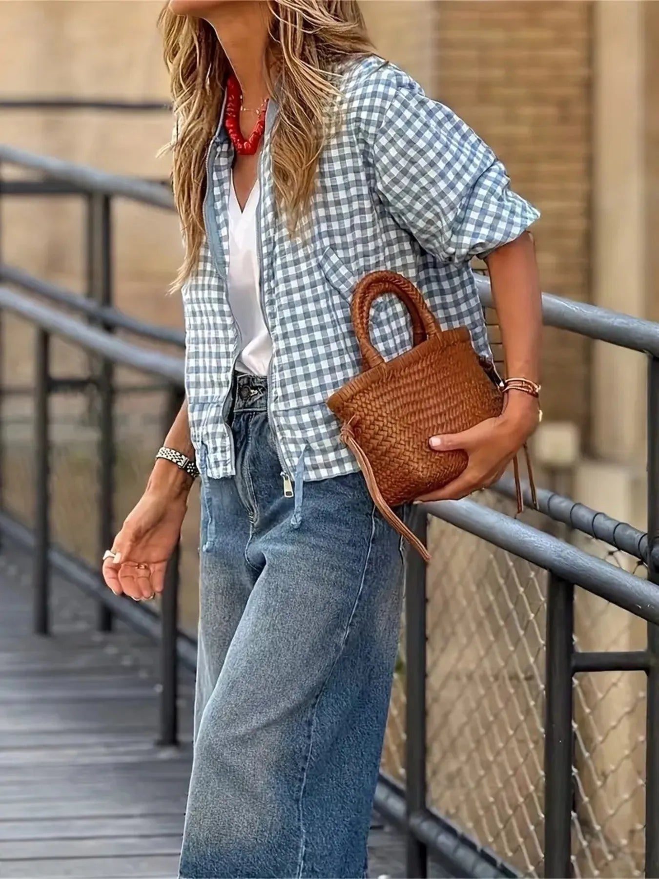 Fashorio Sky blue / S Plaid Zip-Up Long Sleeve Jacket – Lightweight Casual Layer