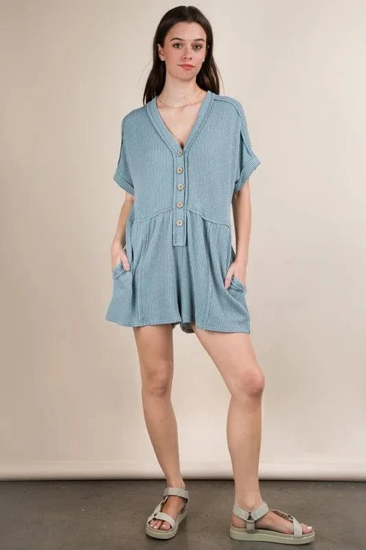 VERY J Two Tone Ribbed Knit Comfy Casual Romper Sky - Fashorio