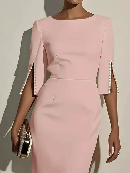 Slim-Fit Elegant Midi Dress with Beaded Slit Sleeve - Fashorio