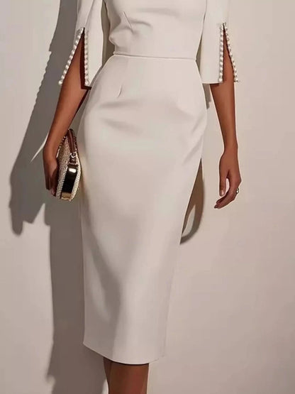 Slim-Fit Elegant Midi Dress with Beaded Slit Sleeve - Fashorio