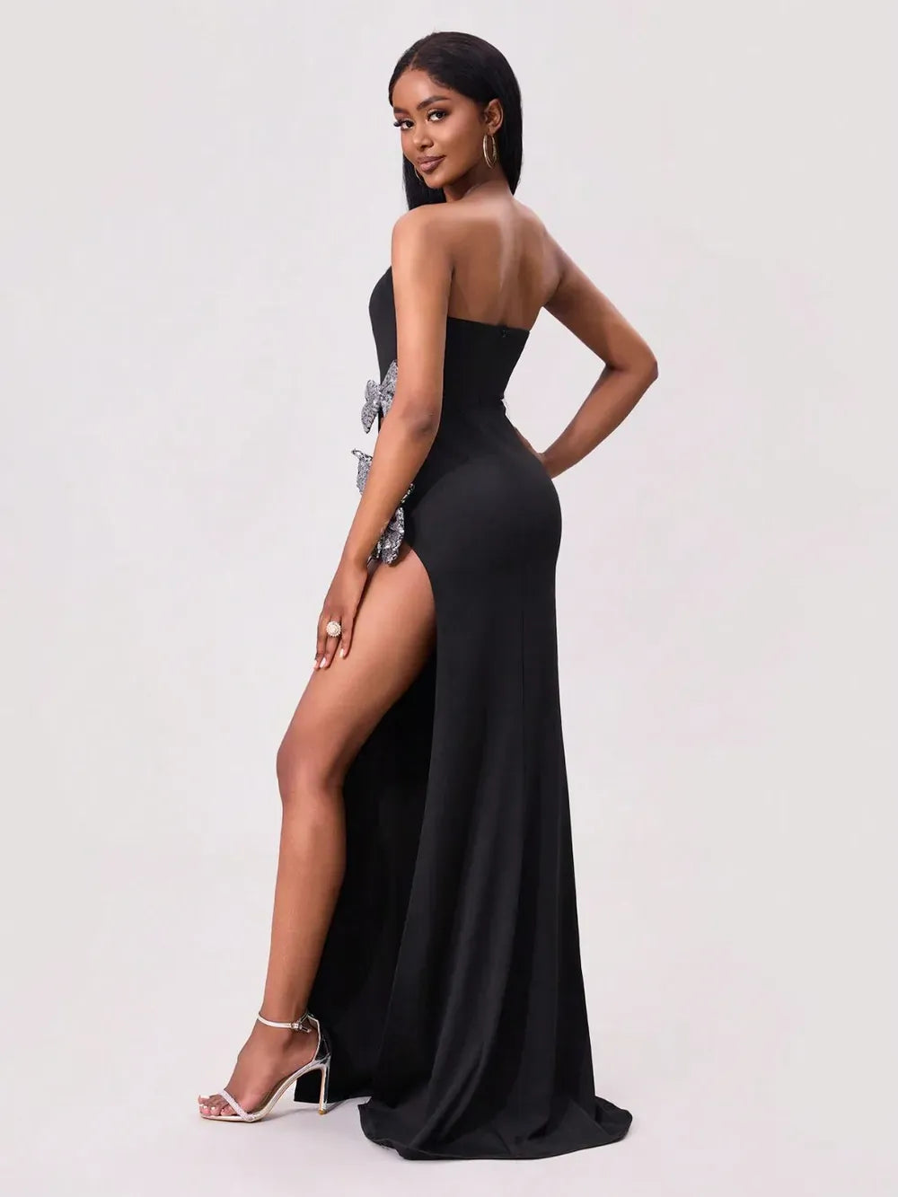 Fashorio Slit Bow Trim Tube Maxi Dress