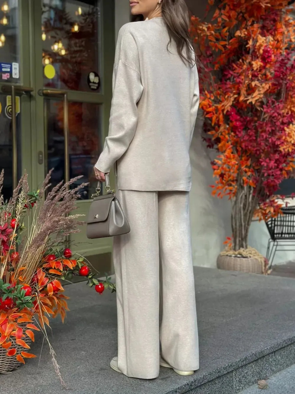 Fashorio Slit Mock Neck Top and Pants Sweater Set