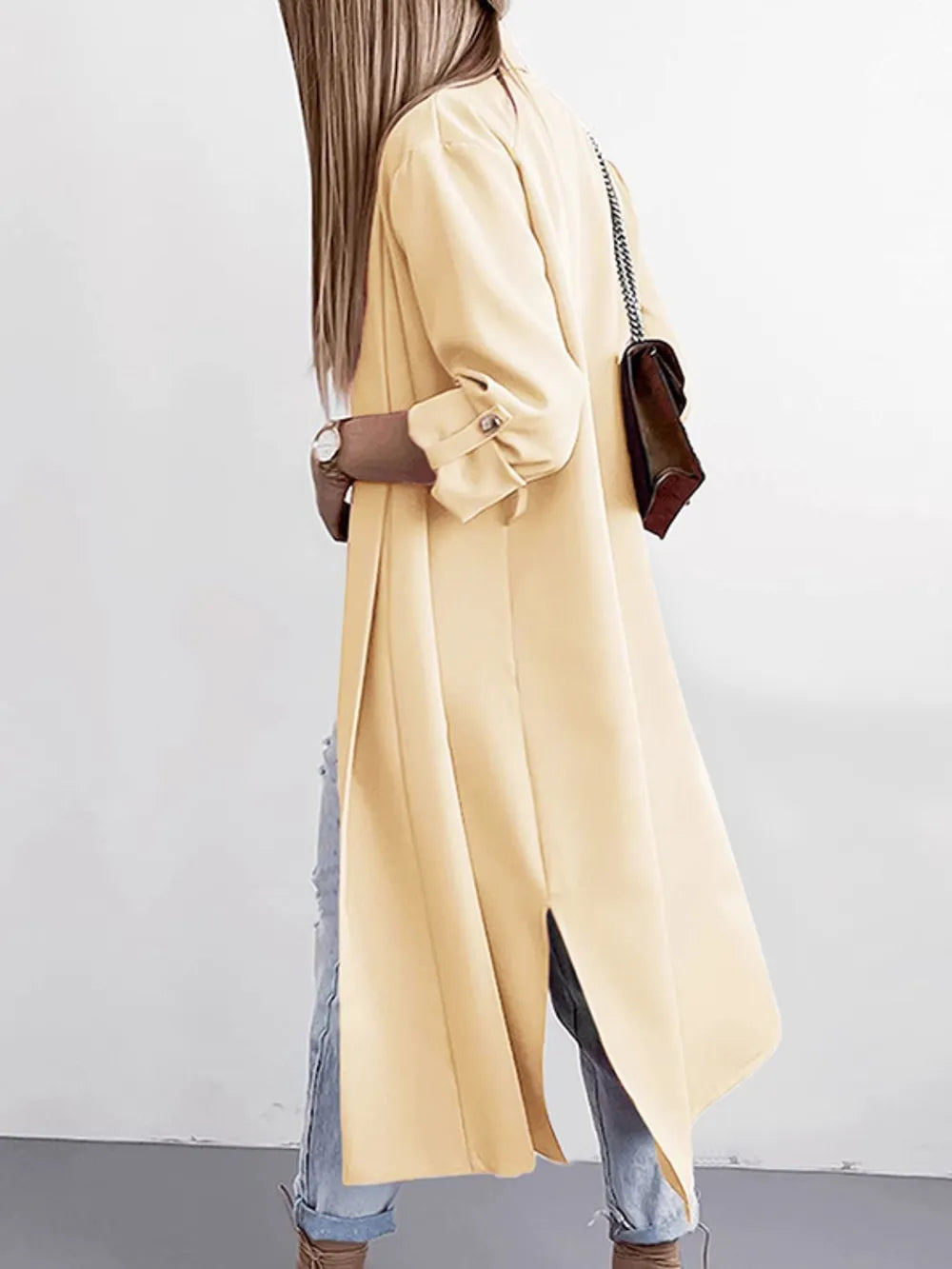 Fashorio Slit Open Front Roll-Tab Sleeve Trench Coat