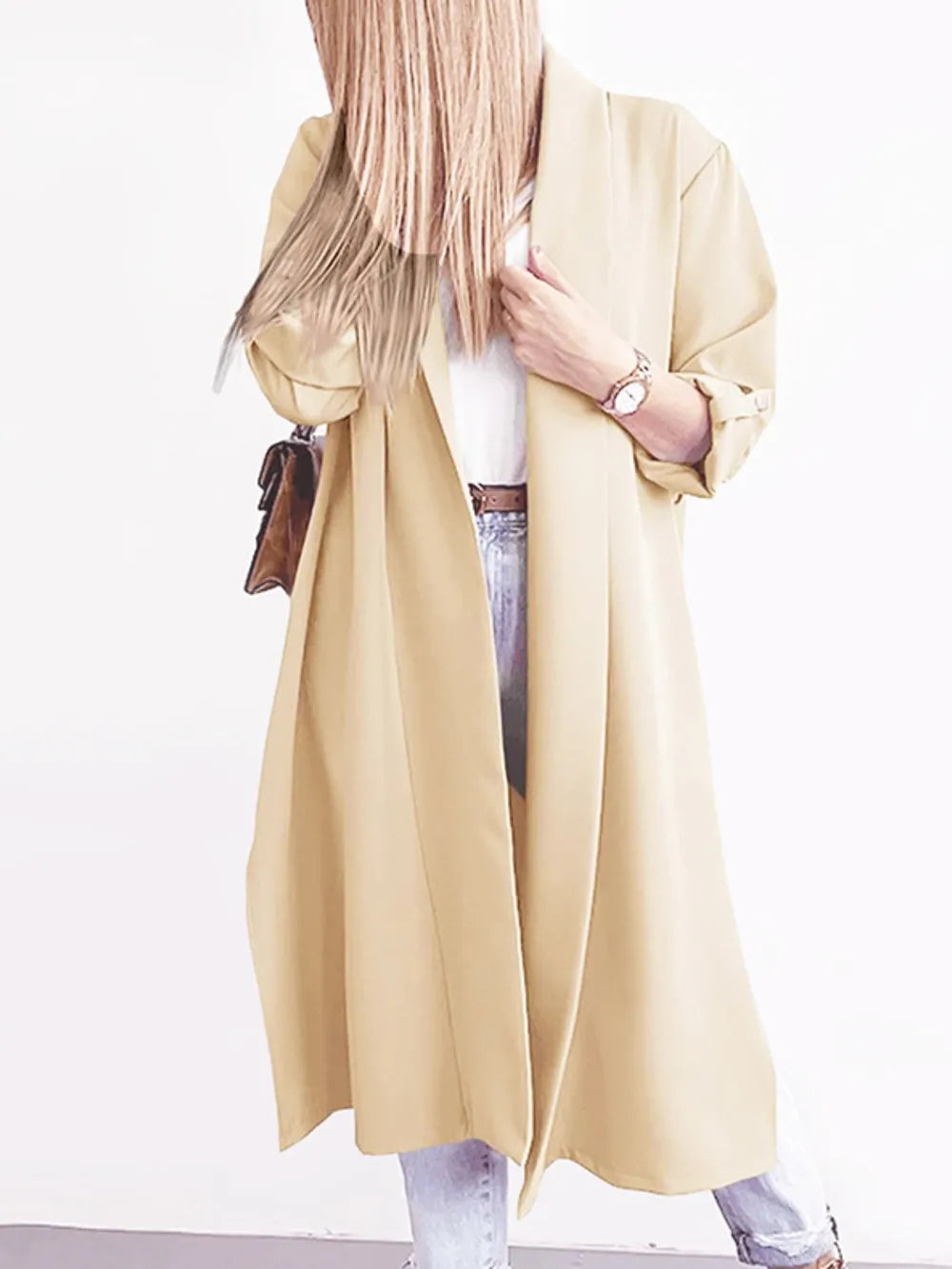 Fashorio Slit Open Front Roll-Tab Sleeve Trench Coat