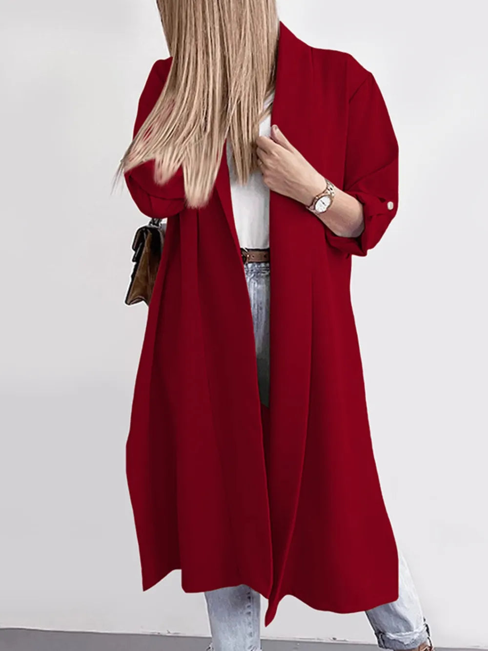 Fashorio Slit Open Front Roll-Tab Sleeve Trench Coat