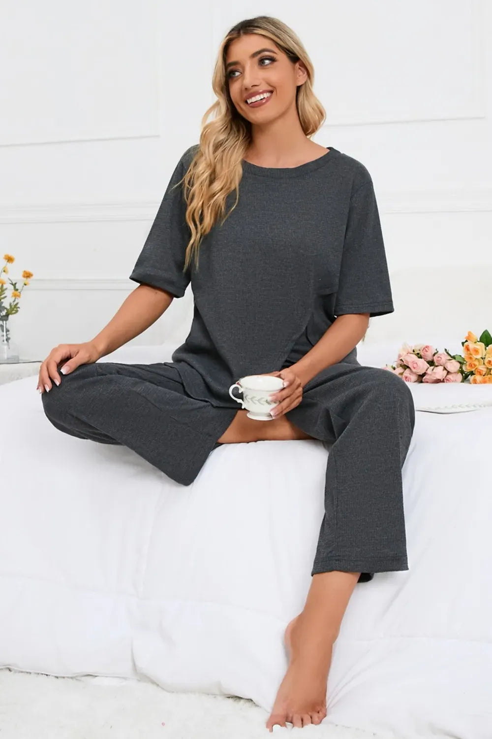 Fashorio Slit Round Neck Top and Pants Lounge Set