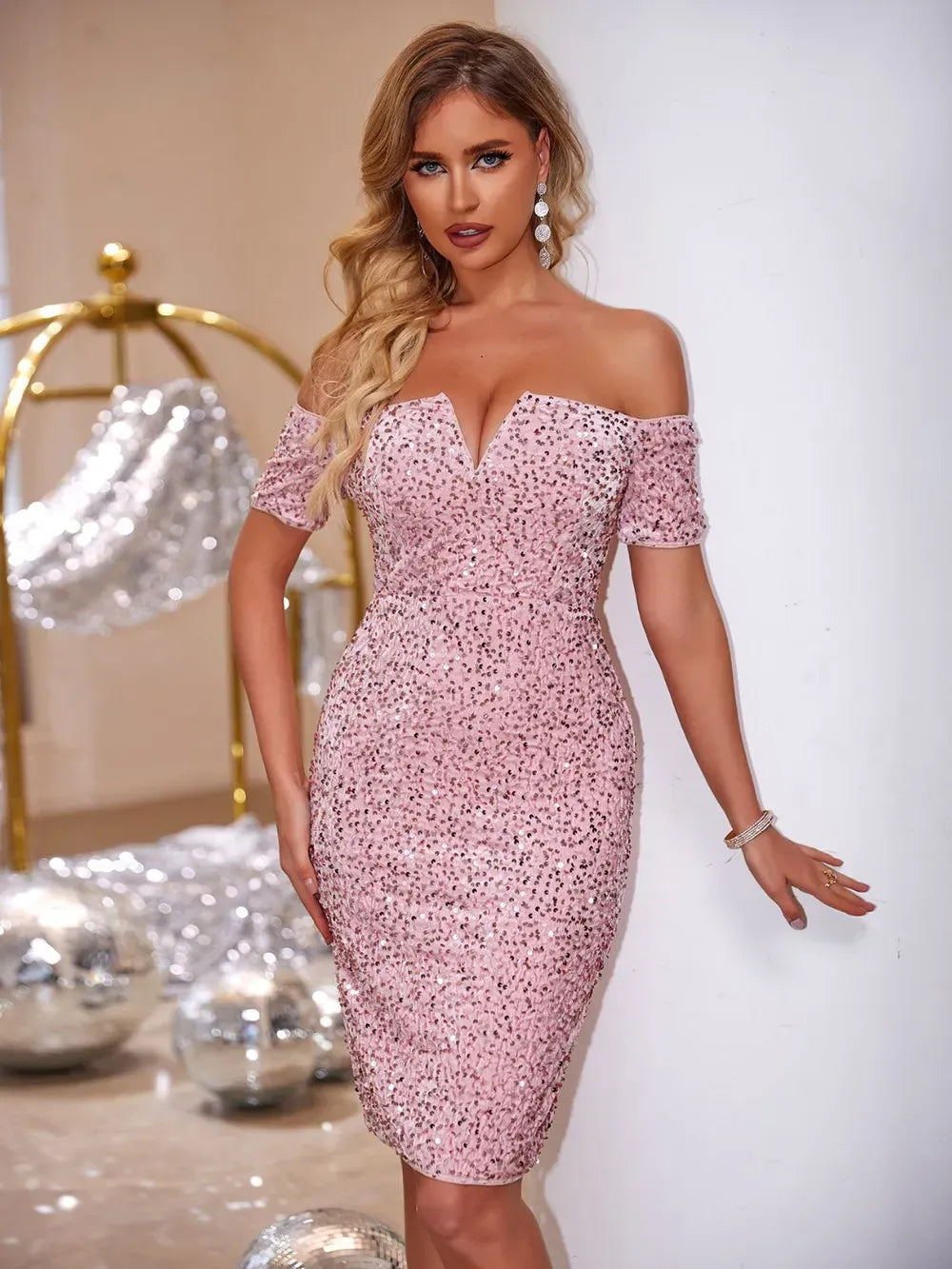 Fashorio Slit Sequin Off-Shoulder Mini Dress